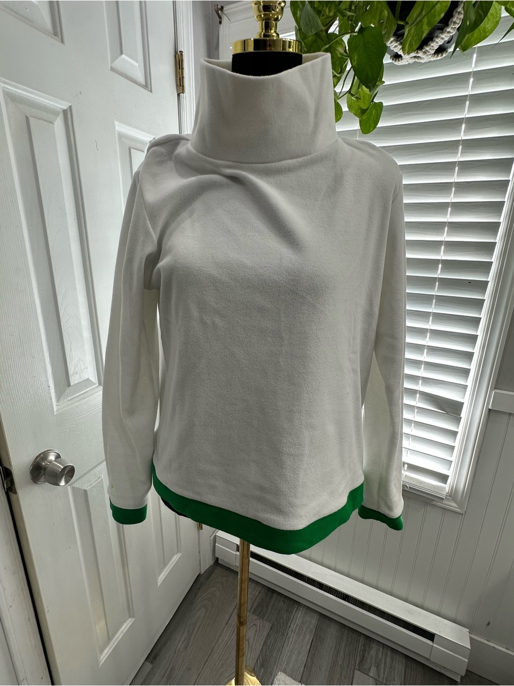 Dudley Stephens White Turtleneck Sweater with Green Trim